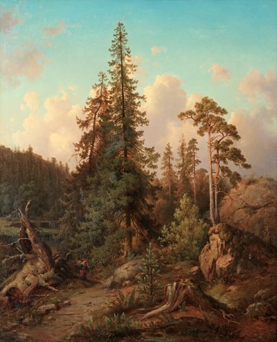 Forest Landscape with Woman Collecting Wood by Joseph Magnus Stäck